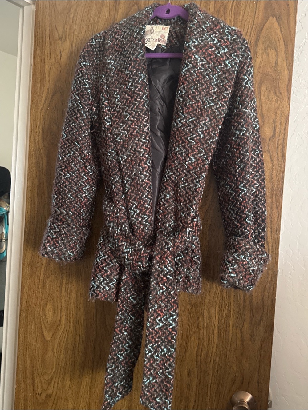 Kenzie Multicolor Knit Tie-Belt Coat in Burgundy and Teal